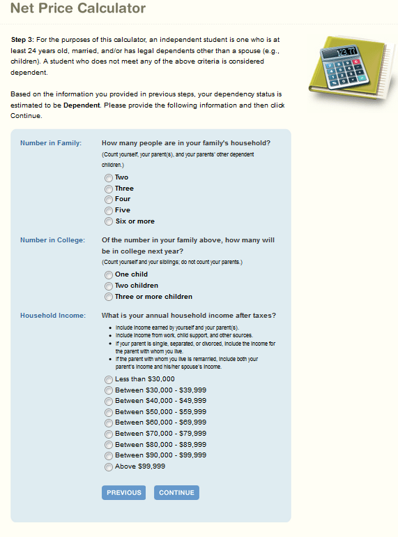 UW Colleges Net Price Calculator
